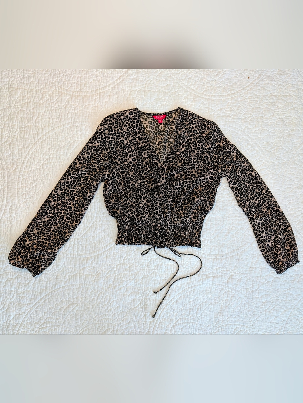 GUESS Women's Black & Tan Leopard Print Cropped Blouse